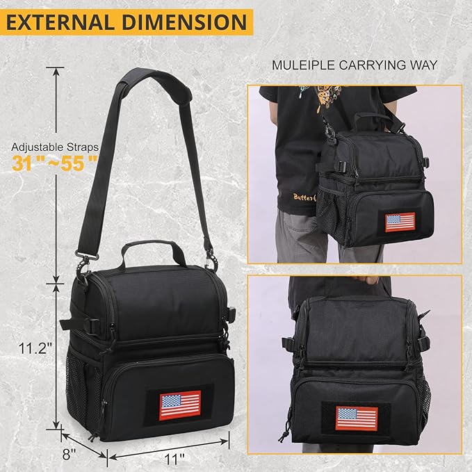ATRIPACK 2 Compartment Lunch Bag for Men Adult, Tactical Lunch Box Leakproof Insulated Large Cooler Bag for Work with Adjustable Shoulder Strap Flag Double Layer Lunch Pail(Black)