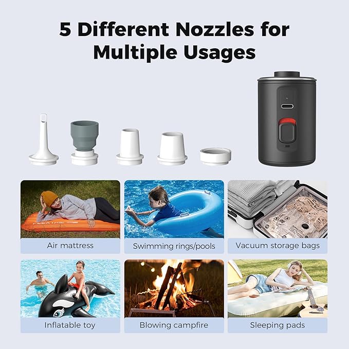 Portable Air Pump for Inflatables, VOLLYC Electric Mini Air Mattress Pump with USB Rechargeable to Inflate/Deflate - Perfect for Camping, Pool Floats, Air Mattress, Vacuum Storage Bags