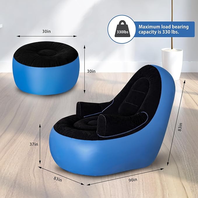 Inflatable Couch with Armrest&Ottoman, Blow Up Lounger Chair, Folding Lazy Sofa, Inflatable Furniture Without Pump for Camping, Fishing, Party, Beach, Sunbathing, Hiking (Blue)
