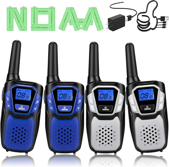 Walkie Talkies Rechargeable, 4 Pack Easy to Use Long Range Walky Talky for Adult Handheld Two Way Radio with NOAA for Hiking Camping (2Blue & 2Silver with Micro-USB Charger/Battery/Lanyard)