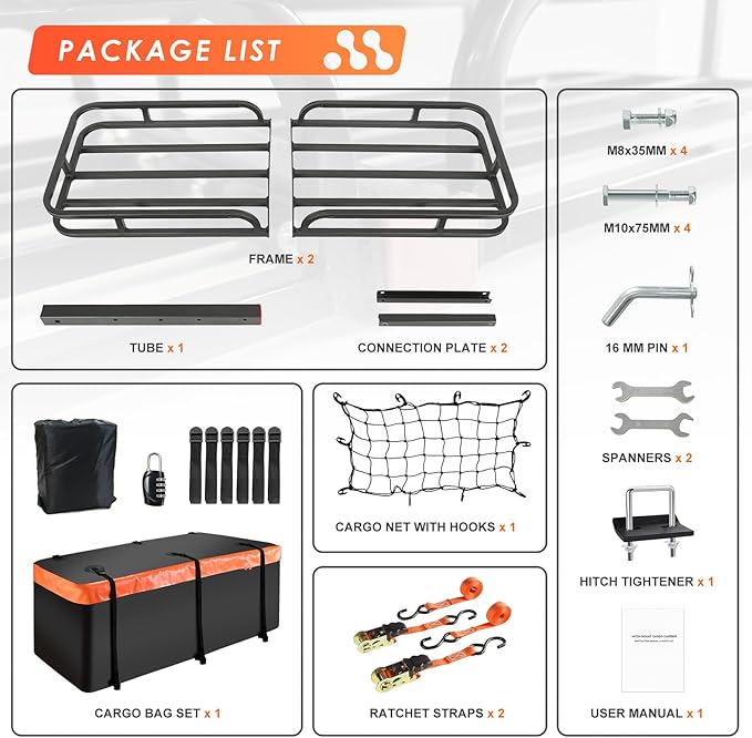 MeeFar Hitch Mount Cargo Carrier Basket 53" x19" x 5"+Waterproof Cargo Bag (51" x17"x 18"),Hauling Weight Capacity of 500 Lbs fit on 2 Inch Receiver with Hitch Stabilizer,Net and Straps