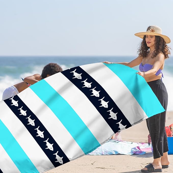 Waterproof Sandproof Beach Blanket, Blue Stripe Shark Beach Mat Oversized for 2-4 Person, Compact Sand Free Quick Dry Polyester Outdoor Picnic Blanket for Travel, Camping, Hiking