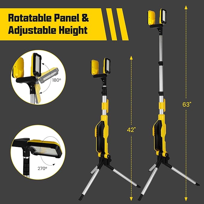 Rechargeable Cordless LED Work Light with Stand 8000 Lumen Portable LED Portable Job Site Lighting Dimmable Led Work Light for indoor/outdoor Lighting(Yellow)