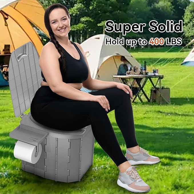 Portable Camping Toilet Upgraded Soft Camp Toilet Seat with Paper Holder- Travel Potty Perfect for Emergency Preparedness, Backcountry, Car, Boat, Road Trips. (GRAY)