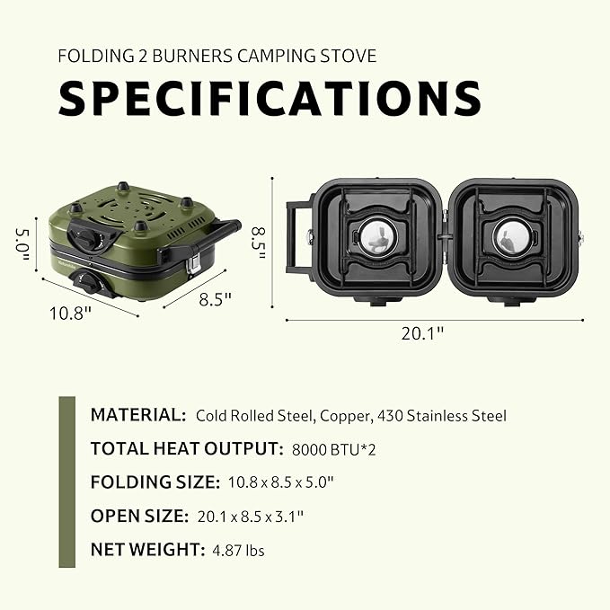 Naturehike 2 Burner Folding Camping Stove, Portable Propane Gas Stove with Carry Bag, 16000 BTU High-Performance Camp Stove with ETL Certification, Adjustable Burners & Piezo Ignition