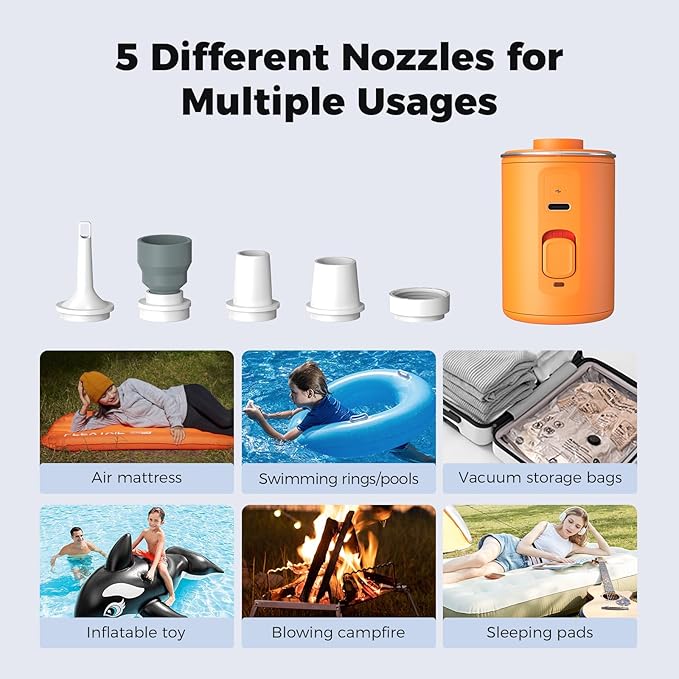 Portable Air Pump for Inflatables, VOLLYC Electric Mini Air Mattress Pump with USB Rechargeable to Inflate/Deflate - Perfect for Camping, Pool Floats, Air Mattress, Vacuum Storage Bags