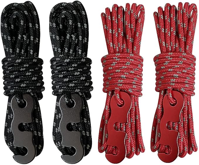 Tent Wind Ropes with Tensioners Cord Adjuster, 8pcs 13ft Reflective Rope for Camping, Hiking, Canopy Shelter, Outdoor Activity(RED)