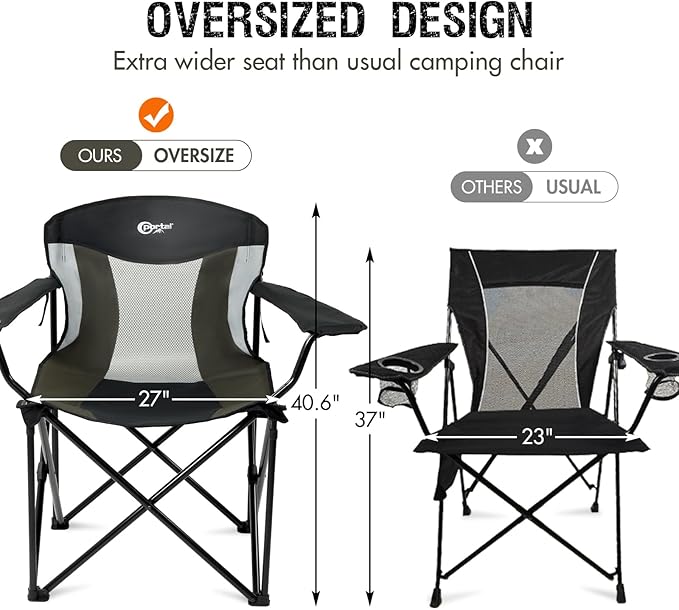 PORTAL Oversized Camping Chair Big and Tall Folding Camp Chair Portable Lawn Chairs Heavy Duty Foldable XXL Outdoor Camping Chair for Adults, Support Up to 600 lbs, Black/Grey