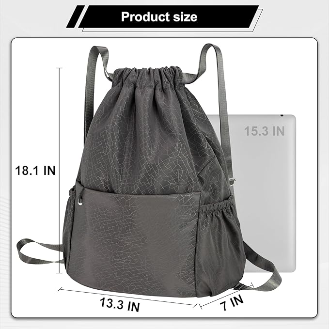 Drawstring Backpack Waterproof Small Gym Bag for Women String Backpack, Sports Gym Sack Cinch Bag with Multi Pockets (Grey)