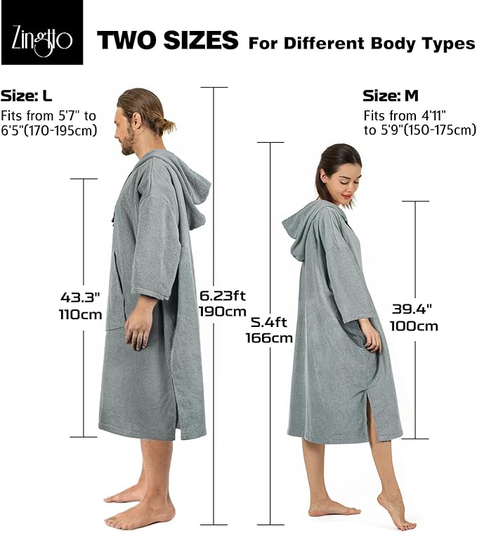 Surf Poncho Changing Robe, 3/4 Sleeve Extra Large Thick Hoodie Towel Poncho for Men Women Beach Swimming, 39"x33", Gray