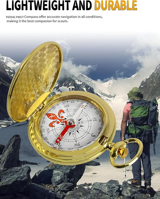 Golden Antique Brass Compass Keychain - Waterproof Pocket Compass for Kids, Perfect Survival Tool & Gift for Boy Scouts with Vintage Golden Compass Design