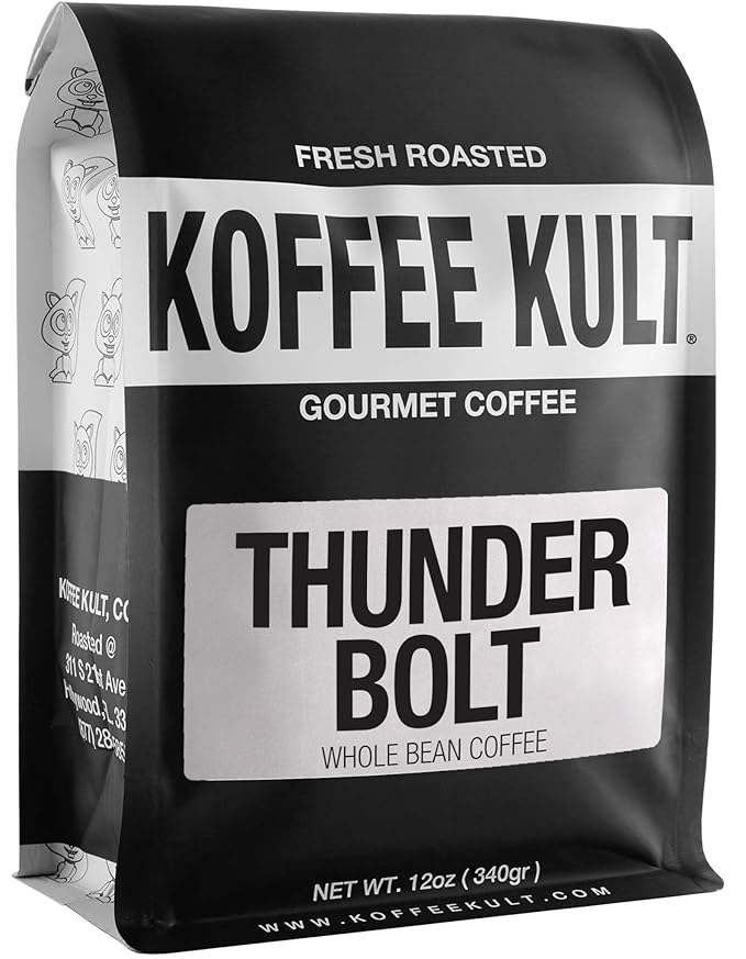 Koffee Kult Thunder Bolt - Whole Bean Coffee, Dark French Roast, 100% Arabica, Robust Blend, Bold Strong Artisan Flavor 12oz Resealable Package