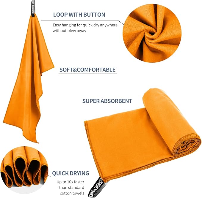 Microfiber Travel Towel, Soft Lightweight Quick Dry Towel, Super Absorbent Compact Travel & Sports & Beach Towels for Camping, Backpack, Gym, Swimming, Yoga, Hiking (L:24"×48" -Light Orange)