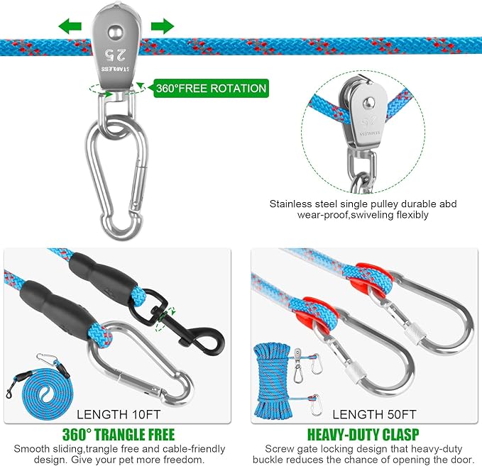 Dog Tie Out Cable for Camping,50ft Portable Overhead Trolley System with 10ft Runner Lead for Dogs up to 200lbs,Portable Reflective Dog Lead Line for Yard, Park and Outdoor (Blue)
