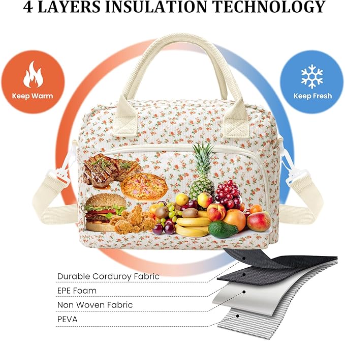 Insulated Lunch Bag for Women Men Large Reusable Lunch Box Adult Leakproof Portable Cooler Tote Bags for Work Picnic (floral)