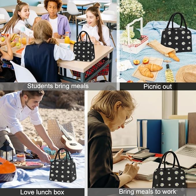 Womens Lunch Tote, Cute Black Daisy Men Lunch Bag Waterproof, Reusable Foil Fabric Cooler Bags Insulated for Work, Picnic, Outdoor