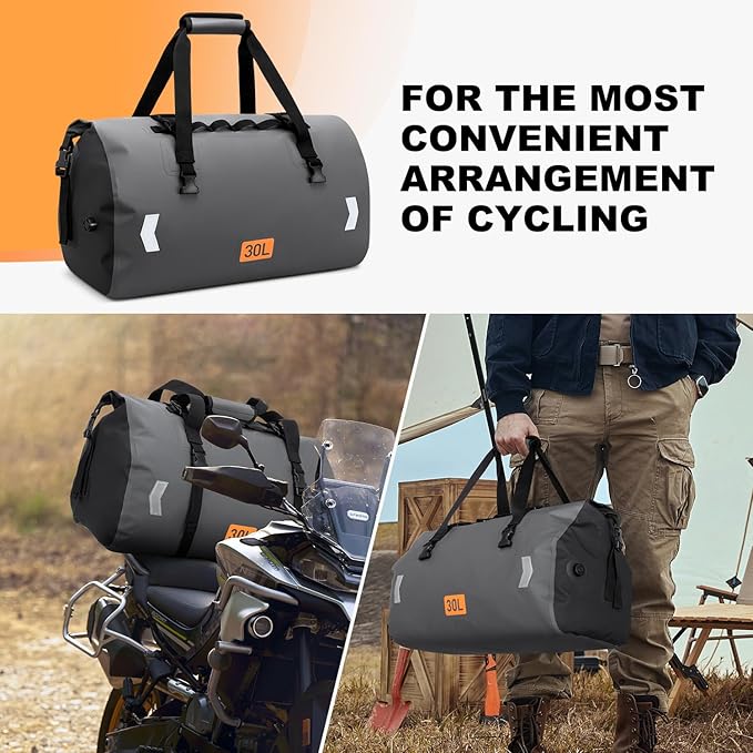 Motorcycle Dry Bag, Waterproof Duffel Bag & Roll-top Dry Duffel Bag, Motorcycle Travel Luggage Bag with Air Valve & Quick-fixed Straps For Rafting, Boating,Kayaking, Travel, Grey, 30L
