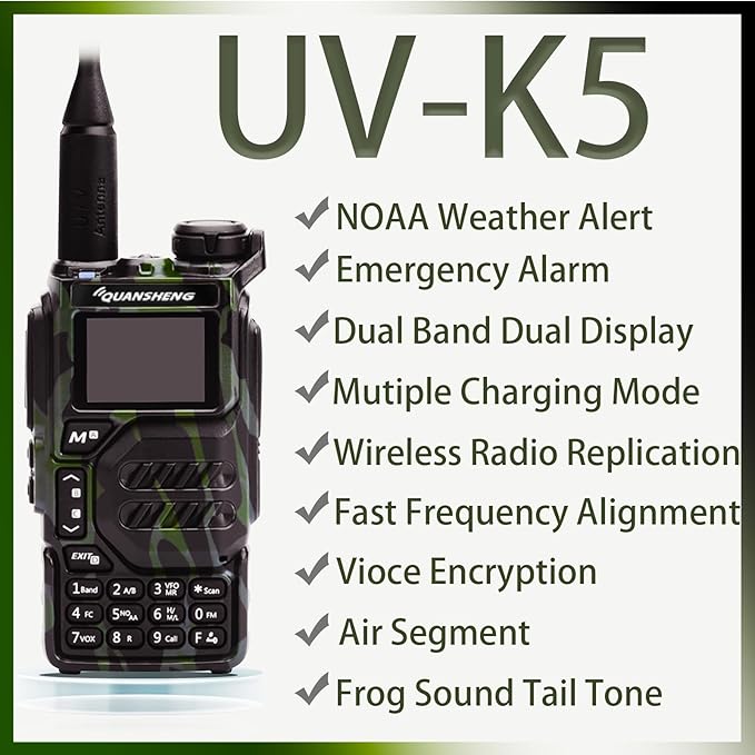 Quansheng UV-K5 Radio USB-C Charging Dual Band Two Way Radio Long Range for Adult 5W Long Range Handheld Radio NOAA Scrambler/DTMF One Key Copy Camo