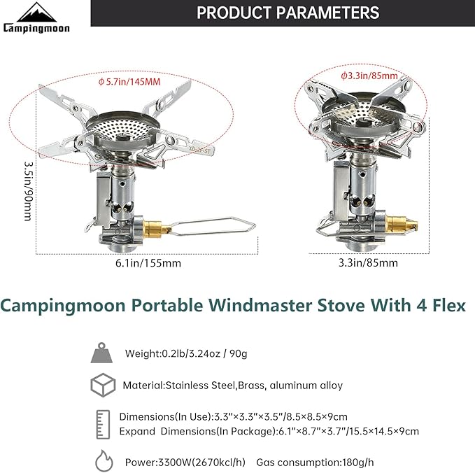 Campingmoon Portable Camping Gas Stove Ultralight Backpacking Stove With 4-Flex Outdoor Hiking Gear (XD-2F(With Igniter))