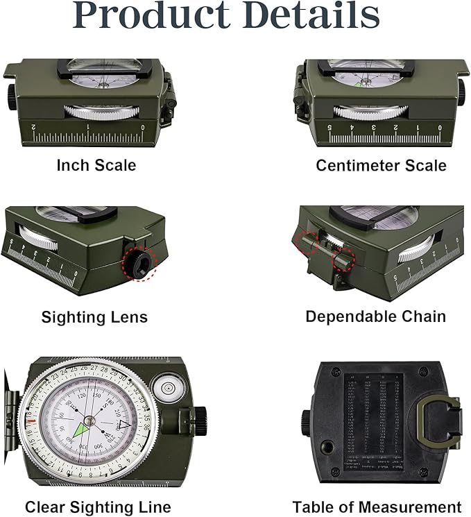 Compass Hiking Compass - Navigation, Pocket, Waterproof, Shockproof, Military - Hiking, Climbing, Biking, Exploring, Geology, Outdoor Activities