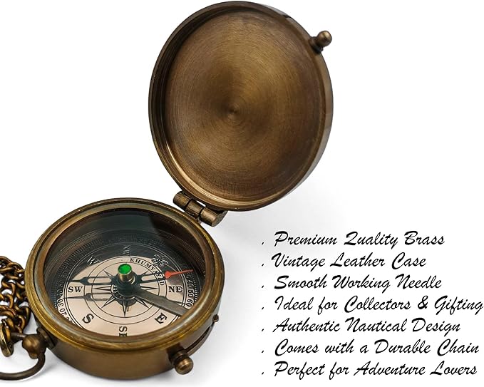 Brass Pocket Compass Hand Made Fully Functional Compass Antique Nautical Replica Item with Leather Case.