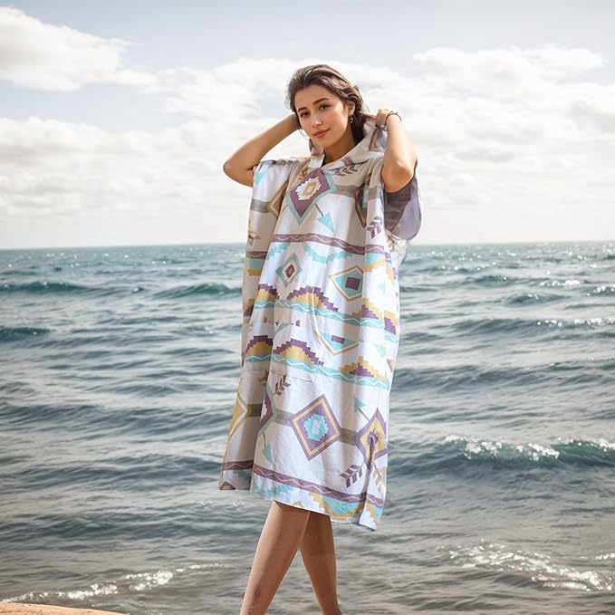 Rainleaf Surf Poncho Changing Towel Quick Dry Pool Swim Beach Towel with Hood and Front Pocket Warm and Soft Microfiber RobeTowel for Women and Men-Geometric Eggnog