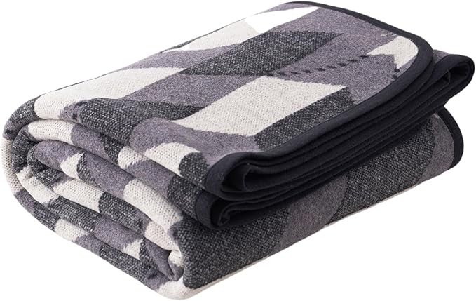 PuTian Merino Wool Blanket - Large Warm Soft Washable Camp Blanket Throw for Bed Couch Camping Outdoor Travel Emergency, Grey Geometry
