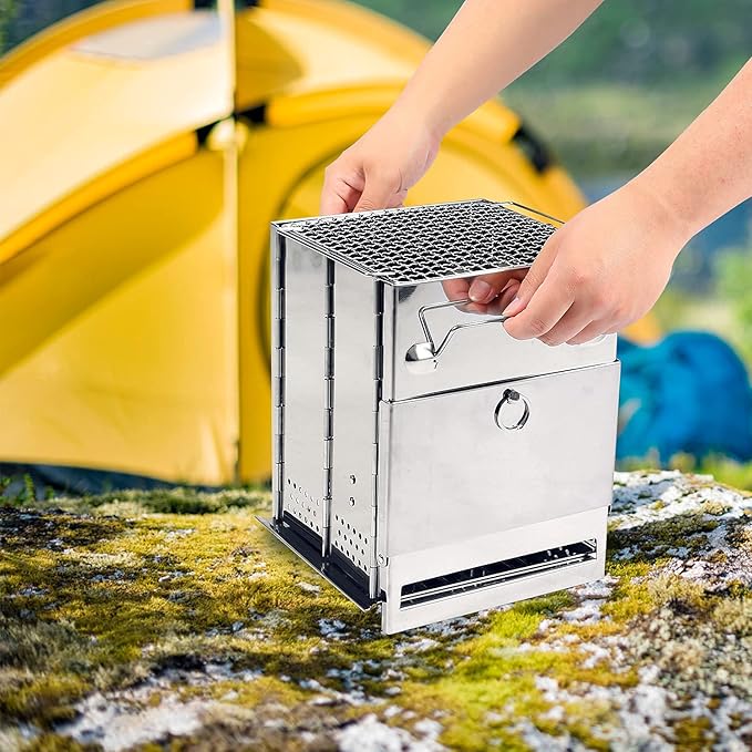 REDCAMP Wood Burning Folding Camp Stove Stainless Steel Grid, Portable Collapsible Backpacking Stove Survival Rocket Stove for Hiking Outdoor Tent Camping Picnic BBQ, Large
