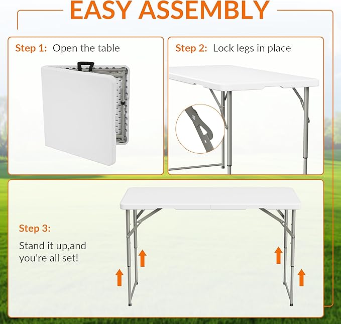 Folding Table, 4 Feet Heavy Duty Fold-in-Half Utility Table Indoor Outdoor for Camping, Picnic, Party