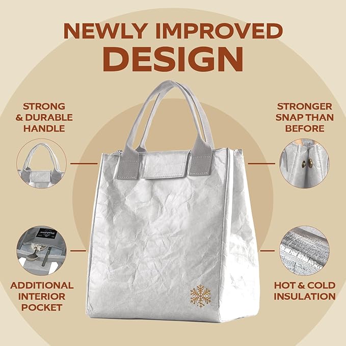 VonNova Insulated Lunch Box for Women, 7L Capacity, Leakproof Lunch Tote Bag, Durable Lunchbox made from Tyvek Material, Adult Cooler Bag for Work, Picnic, Travel and more (Silver)