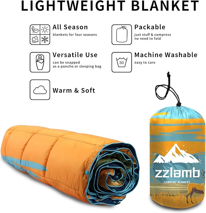 zzlamb Camping Blanket, Lightweight Cloak Puffy Down Alternative Travel Blanket, Portable & Windproof Warm Outdoor Blanket, Cozy Quilt Plane Car Picnic Hammock Beach Backpacking, 52x75in