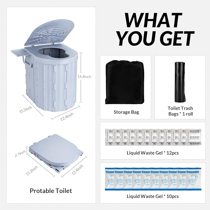Portable Toilet, Upgraded 15'' Camping Toilet for Adults with Lid, Folding Toilet with Removable Paper Holder, Travel Portable Potty for Camping, Hiking, Roadtrip, Tent, Truck Drivers