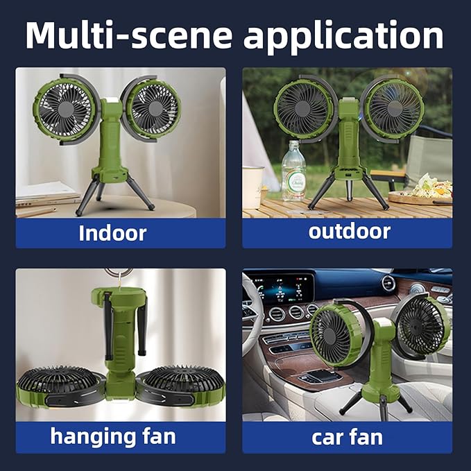 Outdoor Camping Fan with LED Light,8000mAh Rechargeable Battery Powered with Hook Tent Fans,270° Oscillating 360°Rotation Portable Tripod Beach Fan for Canopy,Travel,Fishing,Home,Green
