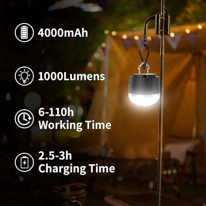 LED Camping Lantern Rechargeable, 1000LM Portable Tent Light with 12 RGB Lighting Modes, Power Bank, Waterproof, Mini Flashlight with Magnetic Base for Emergency, Power Outages, Hiking, Home