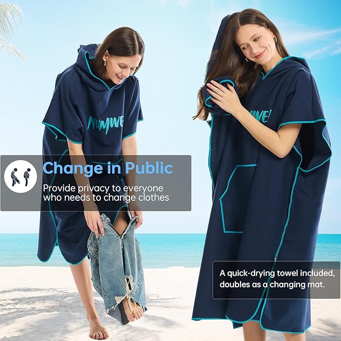 Microfiber Surf Poncho Changing Towel Robe with Changing Mat, Quick Dry Hooded Towel Poncho with Pocket for Beach, Pool, Swim, Wetsuit Changing (Navy)