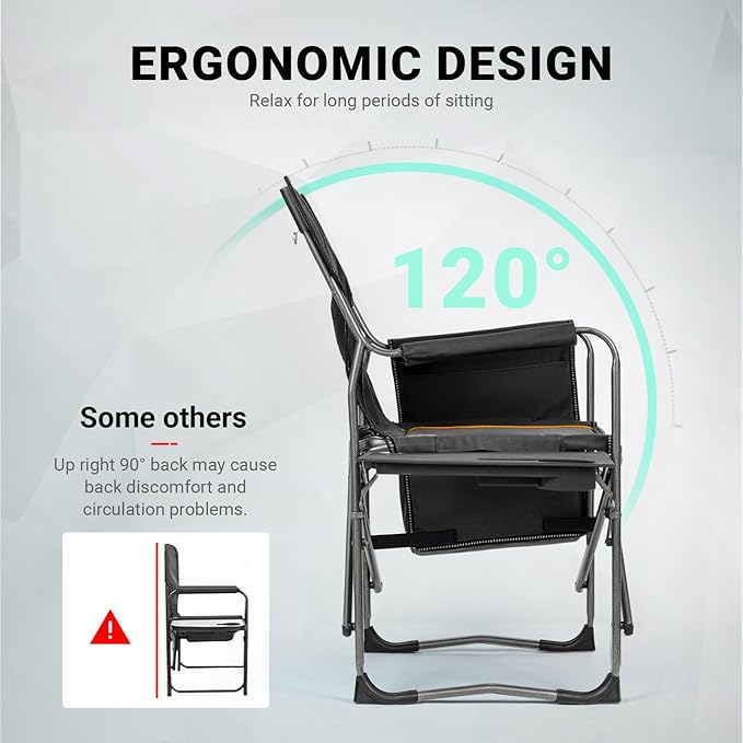 Overmont Oversized Lightweight Camping Chair - Comfortable Heavy Duty Foldable Directors Chairs with Side Table & Cooler Bag for Outside Camp Beach Picnic Lawn and Fishing Supports 400lbs