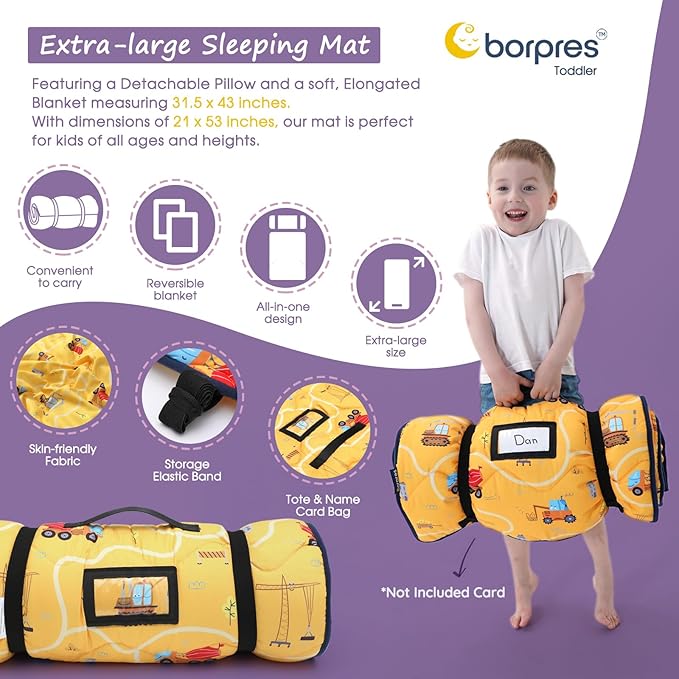 Nap Mat with Pillow Blanket Set: Sleeping Mats for Toddler Kids - Thick Large Roll up Slumber Bag for Daycare Preschool Kindergarten Boys Girls