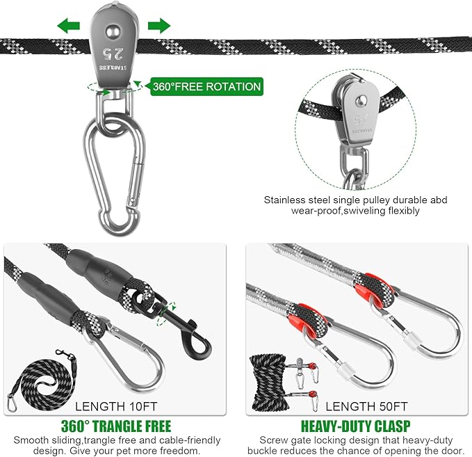 Dog Tie Out Cable for Camping,50ft Portable Overhead Trolley System with 10ft Runner Lead for Dogs up to 200lbs,Portable Reflective Dog Lead Line for Yard, Park and Outdoor (Black)