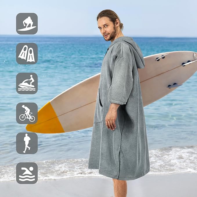 Surf Poncho Changing Robe, 3/4 Sleeve Extra Large Thick Hoodie Towel Poncho for Men Women Beach Swimming, 43" x 35", Gray