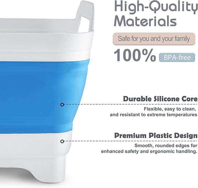 2.4 Gal(9L) Collapsible Dish Basin with Drain Plug, Space Saving Outdoor Multiuse Foldable Sink Tub, Dishpan, Kitchen Storage Tray for Camping, Vegetable Washing, RV (Sky Blue)