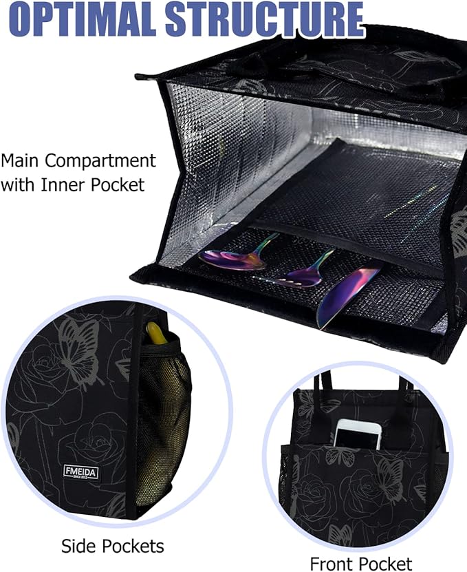Fmeida Insulated Lunch Cooler, Women's Butterfly Lunch Bag - Small, Reusable Adult Cooler for Work, College, Picnic, Beach | Front & Side & Interior Pockets