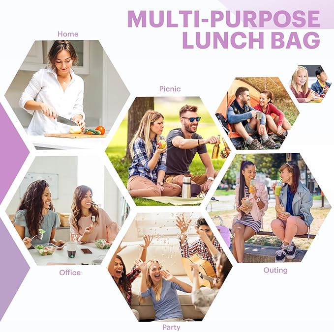Lunch Bag for Women & Men Adult Insulated Lunch Box, Small Leakproof Cooler Food Lunch Containers Reusable High Capacity Lunch Tote Bags for Work, Travel, Outdoor (Purple)