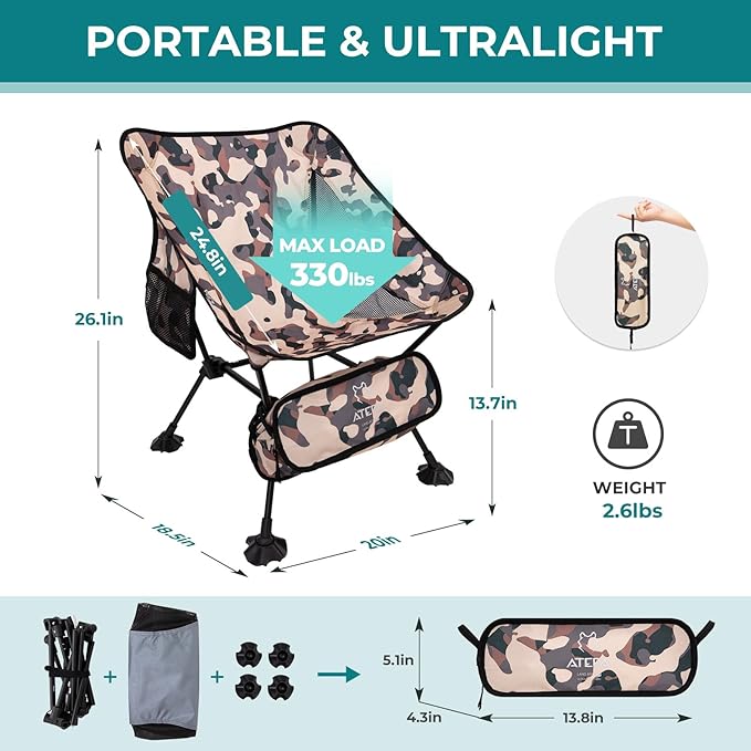 ATEPA Backpacking Chair, Ultralight Folding Portable Small Camping Chairs for Adults Compact Foldable Beach Seat with Anti-Sinking Feet & Aluminum Frame for Outdoor Hiking Travel Fishing