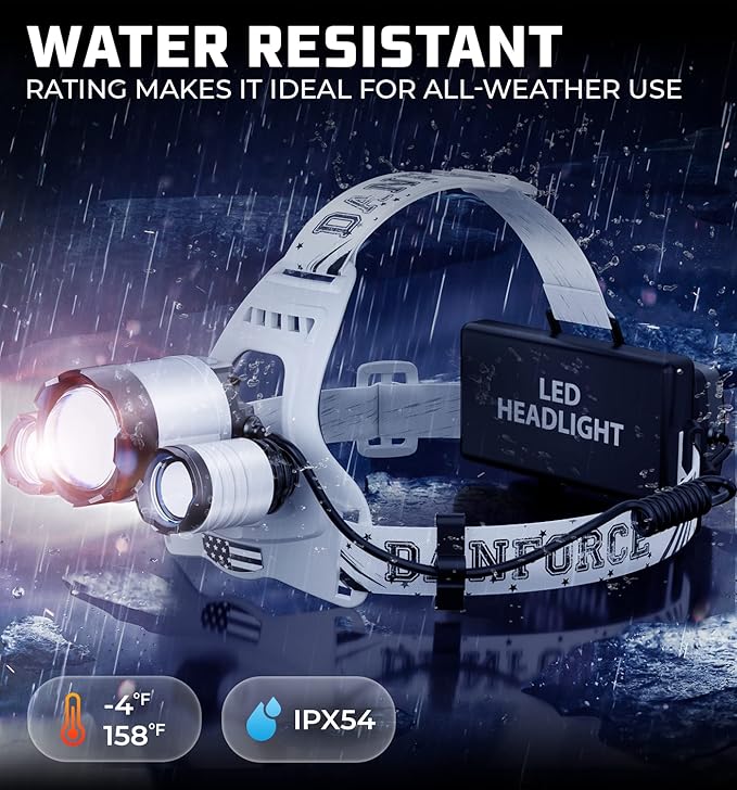 DanForce Headlamp. USB Rechargeable LED Head Lamp. Ultra Bright CREE 1080 Lumen Headlamp Flashlight + Red Light. HeadLamps for Adults, Camping, Outdoors & Hard Hat Light. Zoomable IPX54 Headlight