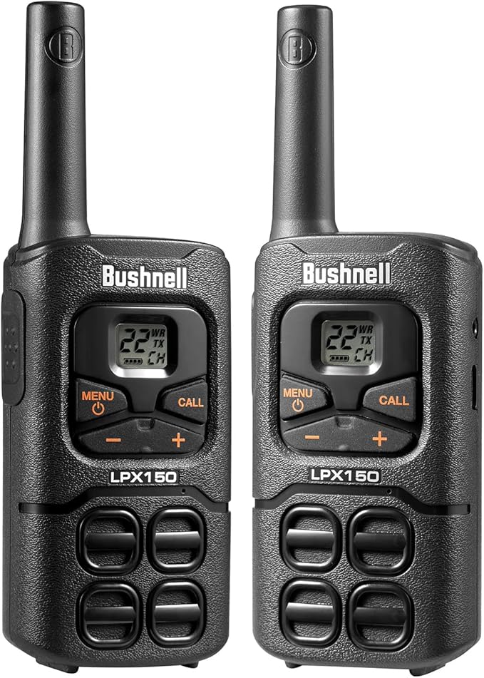 Walkie Talkies by Bushnell - LPX150 Long Range 2-Way Radio with NOAA Weather Radio - Heavy Duty Shock Resistant - 22 Channels & USB-C Charging (2 Pack)