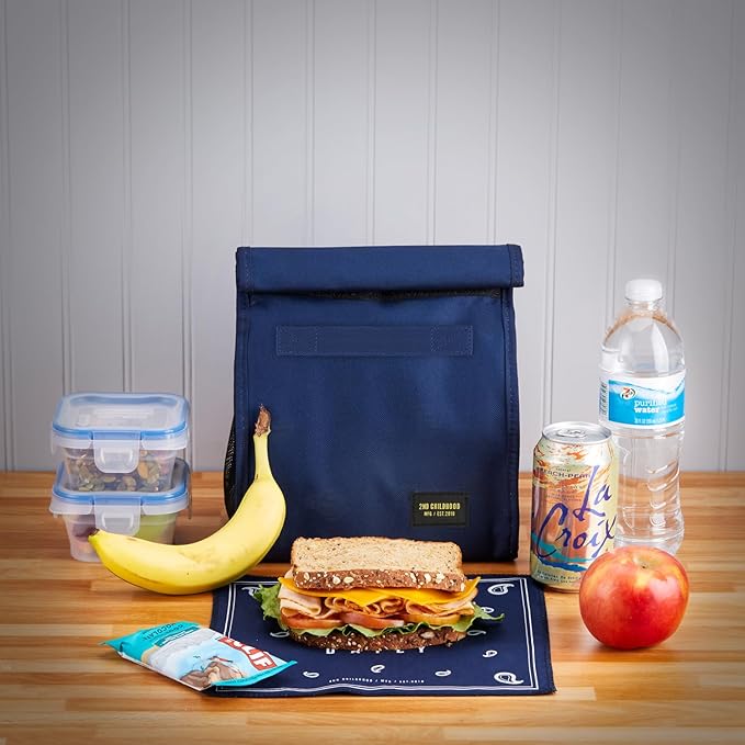 Insulated Lunch Bag for Men and Women; Rolltop Lunch Box with 2 Side Mesh Pockets and 1 Exteral Slip Pocket (Blue)