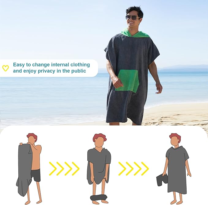 Rainleaf Surf Poncho Changing Towel Quick Dry Pool Swim Beach Towel with Hood and Front Pocket Warm and Soft Microfiber RobeTowel for Women and Men Gray Green Pocket