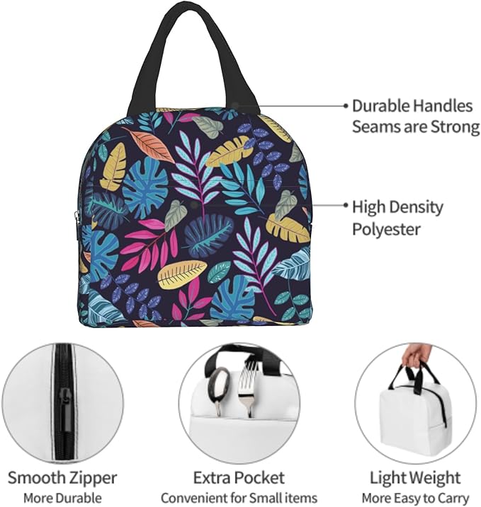 Imiss Blue Tropical Leaves Insulated Lunch Bag for Woman Man Adults, Hawaii Hawaiian Plants Reusable Cooler Lightweight Lunch Cooler Bag with Front Pocket for Picnic Work Office