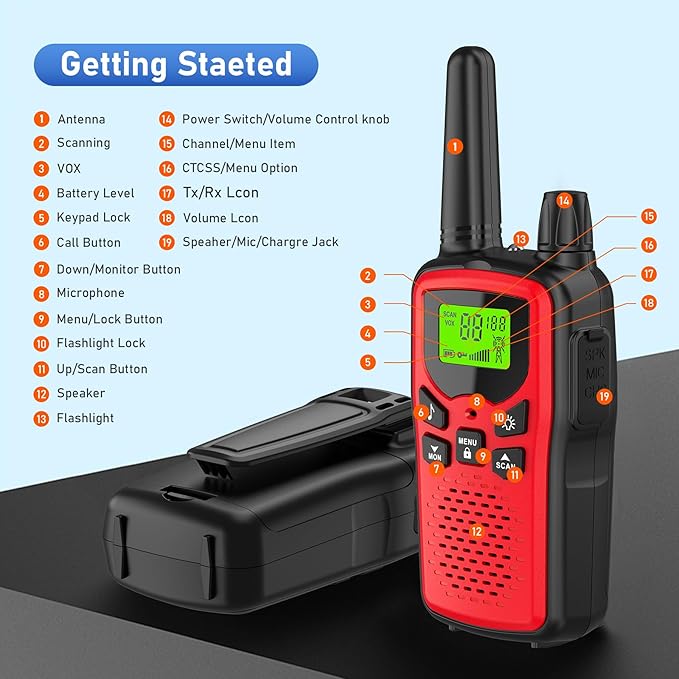 Walkie Talkies,Erelis Long Rang Walkie Talkies with 22 FRS Channels,Walkie Talkies for Adults with Lamp,VOX,LCD Display for Outdoor Activities(Red)