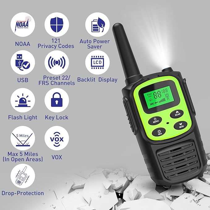Rechargeable Walkie Talkies,Fvamom Walkies Talkies for Adults with 22 Channels,Long Range Walkie Talkies with NOAA Weather Channels,VOX LCD Display LED Flashlight (Green)